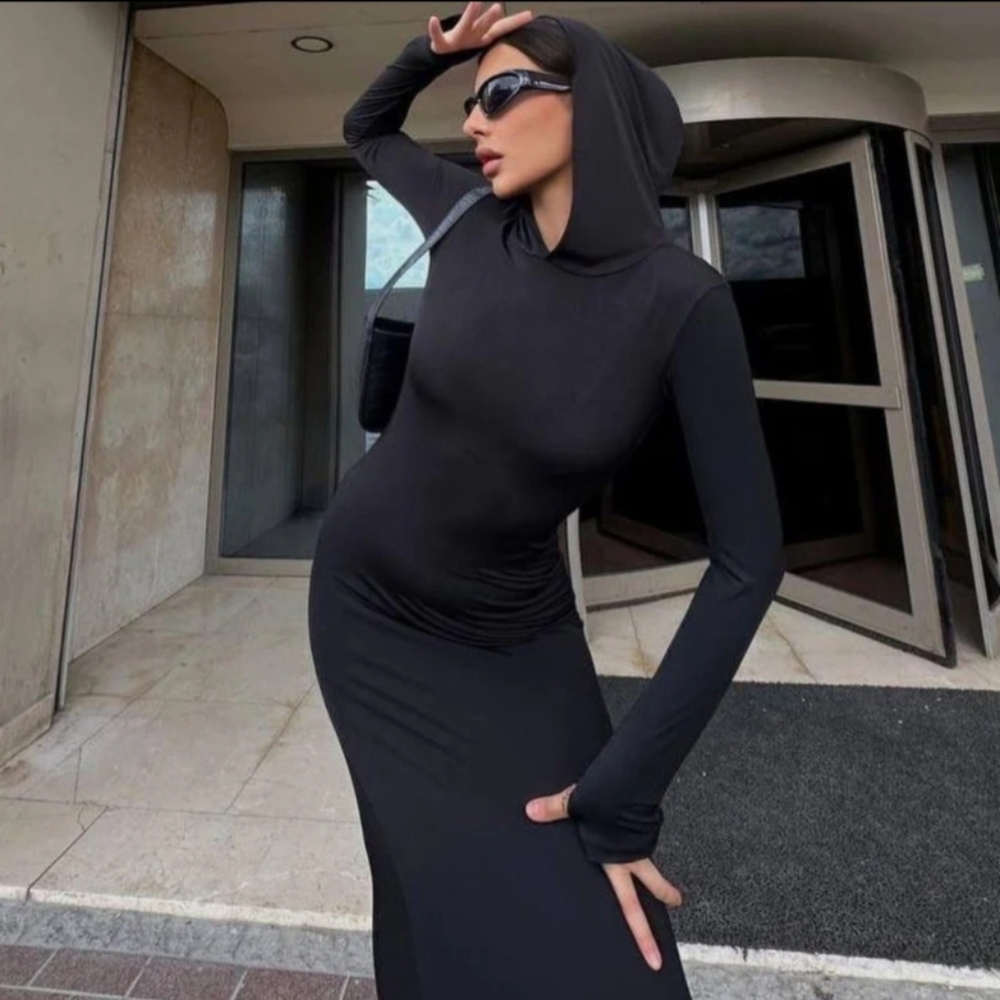 Blush Mark Black Hooded Bodycon Maxi Dress Long Sleeve Sleek Minimalist